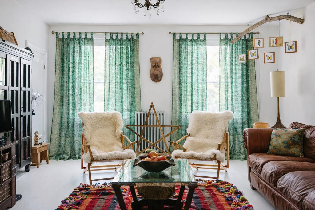 Green Pine Sari Curtain: Boho Light-Filtering Drapes with Block Print