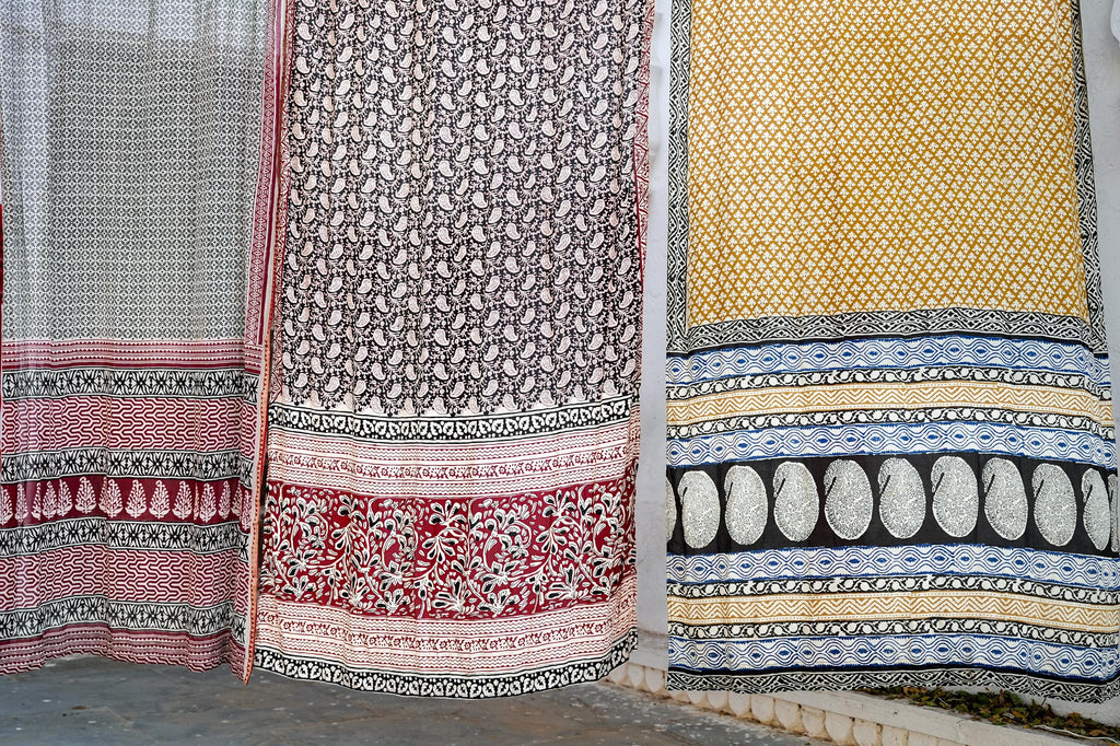 96" Block Print Rayon Curtains•Boho Tab Top Drapes with Border • Light Filtering Bohemian Style Curtain • Soft rayon Style light Curtain