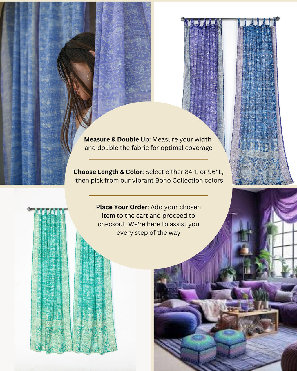Block Print Sari Curtains, Dusty Rose Sheer Georgette, Boho Window Treatment