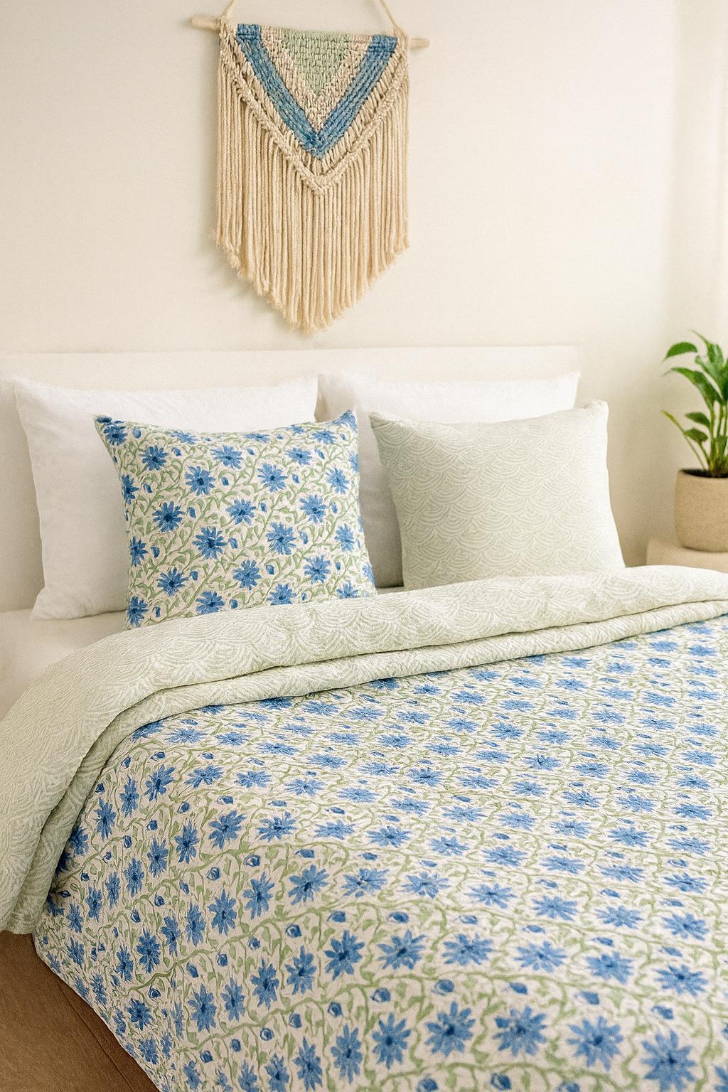 Hand-Quilted Cotton Reversible Quilt, Block Print Boho Bedspread