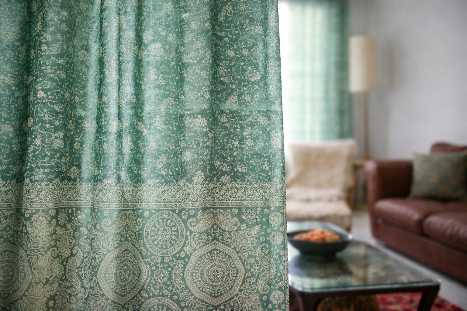Green Pine Sari Curtain: Boho Light-Filtering Drapes with Block Print