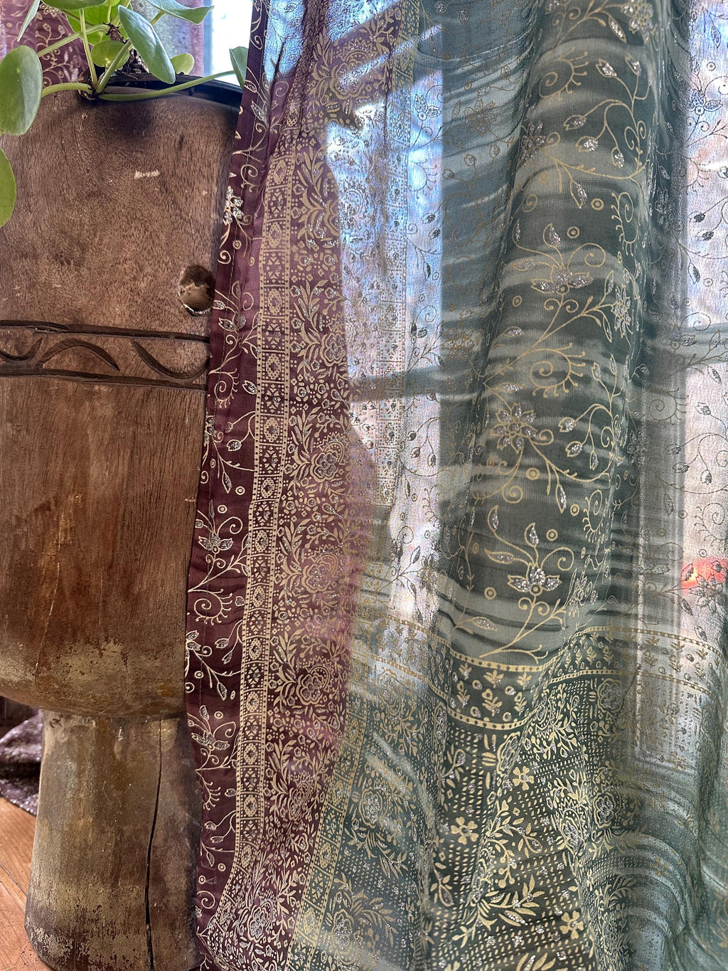 Sage/Purple Sari Curtains 84"/96"L Boho Curtains BoHoEARTH Collection Light-Filtering Window Treatment For Living/Bedroom