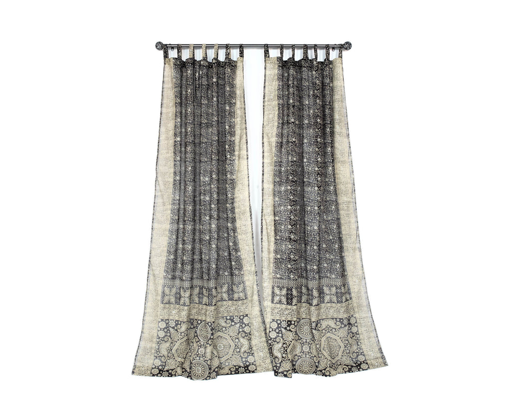 Sari Curtains 84"/96"L Boho Curtains BoHoEARTH Collection Light-Filtering Black Sari backdrop Bed Canopy Window Treatment For Living/Bedroom