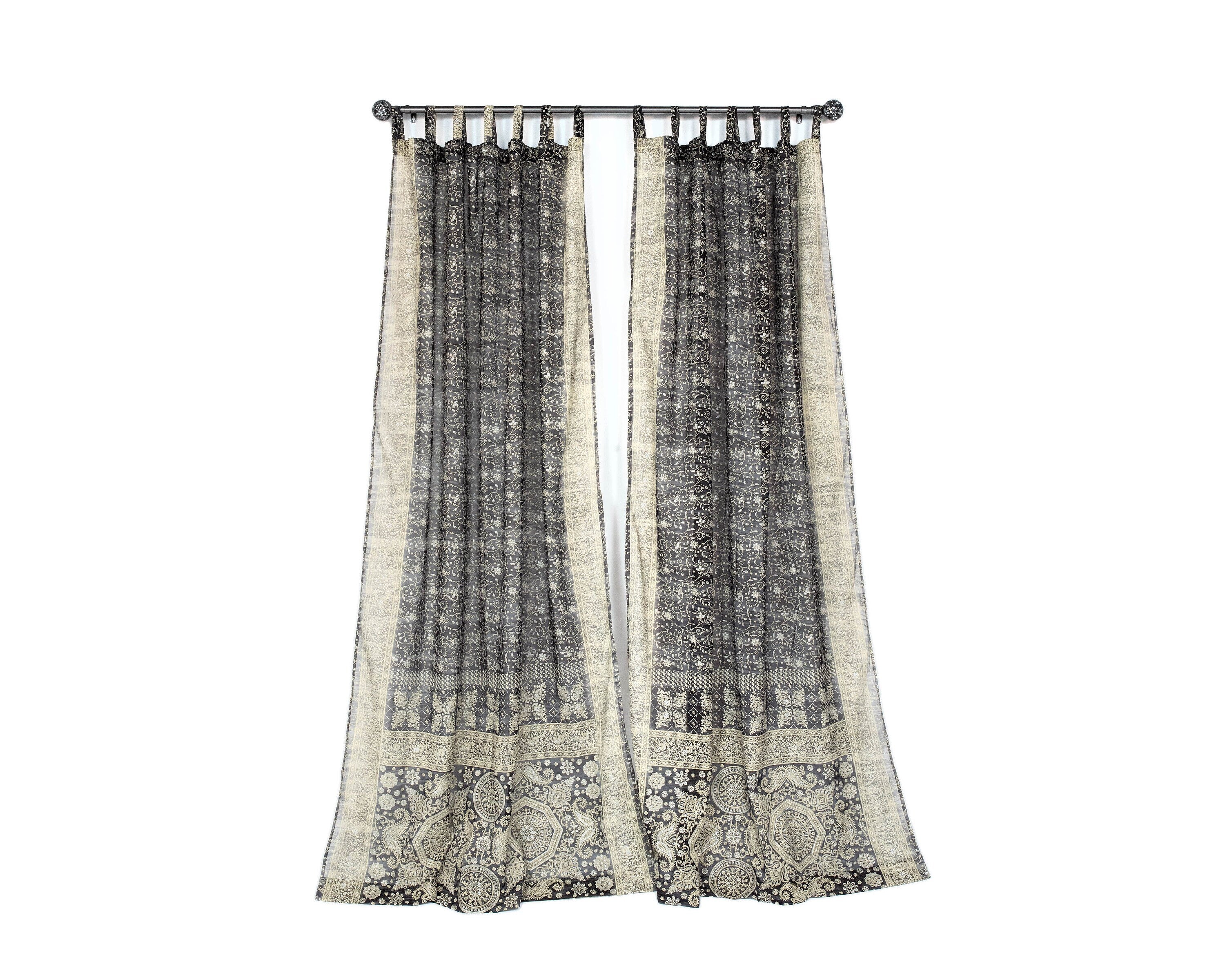 Sari Curtains 84"/96"L Boho Curtains BoHoEARTH Collection Light-Filtering Black Sari backdrop Bed Canopy Window Treatment For Living/Bedroom