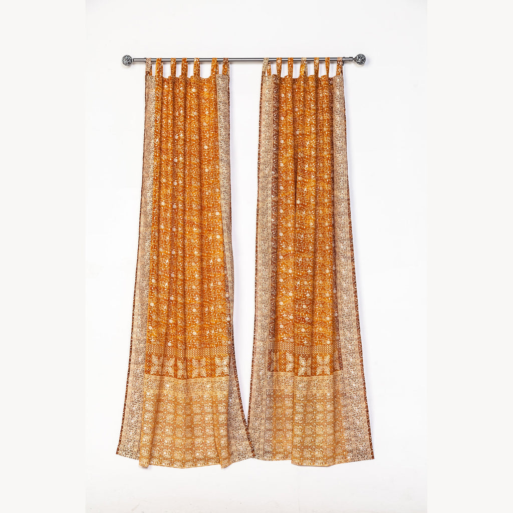 Amber Gold Sari Curtains, Block Print Sheer Drapes, Boho Window Treatment