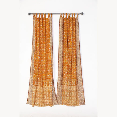 Amber Gold Sari Curtains, Block Print Sheer Drapes, Boho Window Treatment