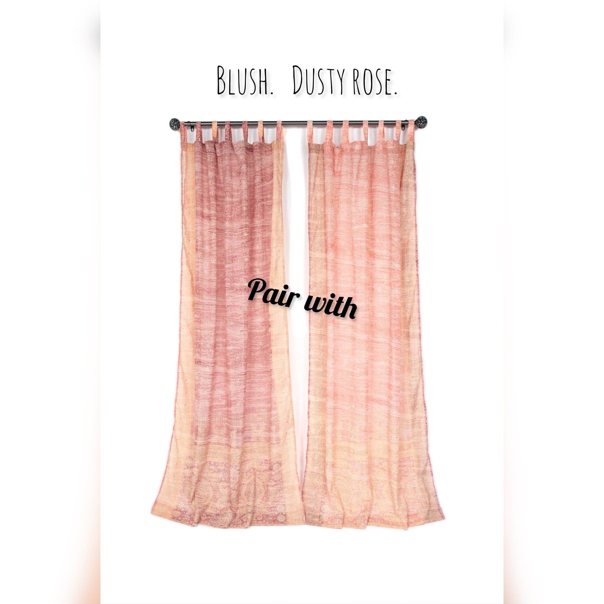Block Print Sari Curtains, Dusty Rose Sheer Georgette, Boho Window Treatment