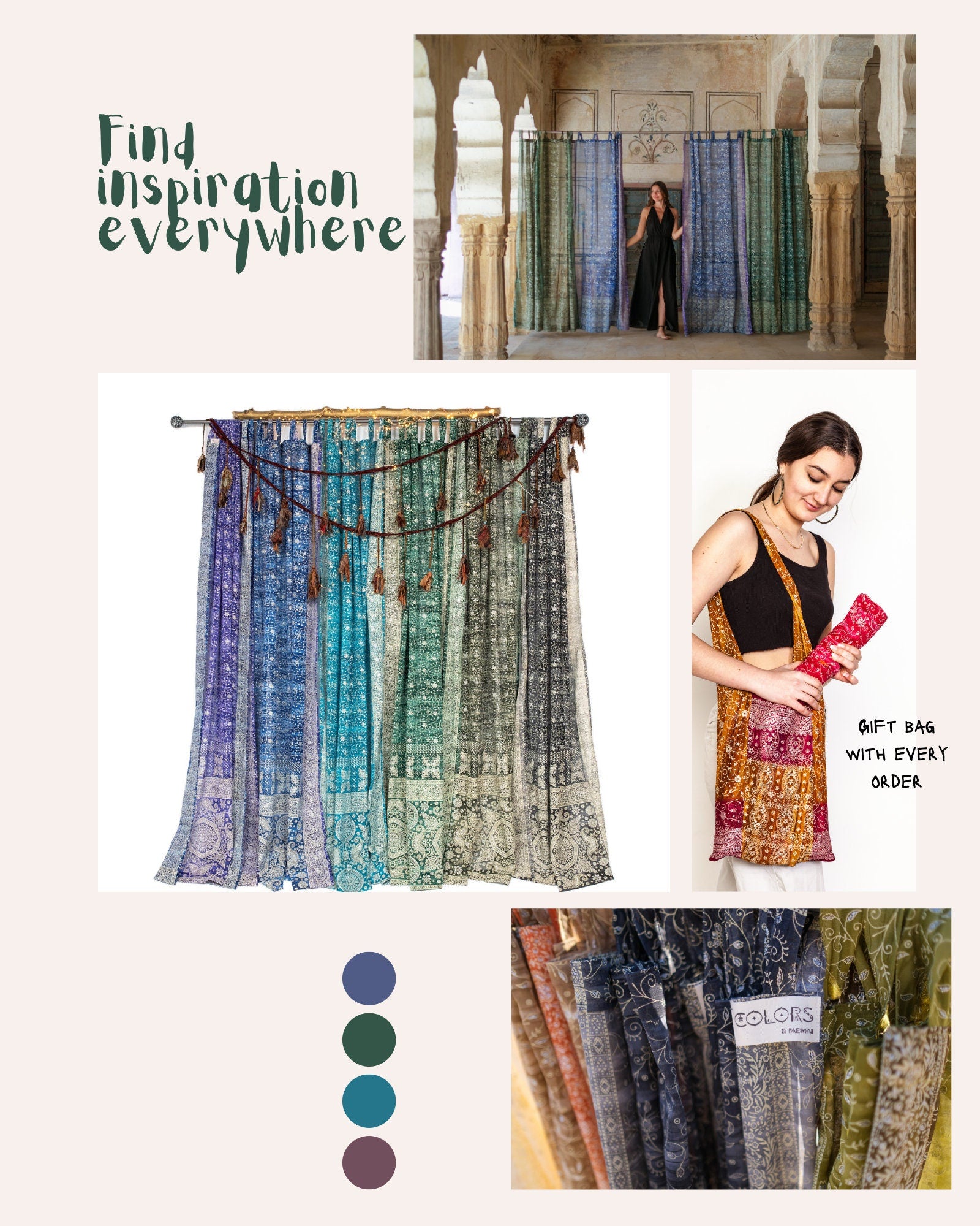 Block Print Sari Curtains, 84"/96"/108"L Boho Window Treatment- Turquoise Teal light filtering
