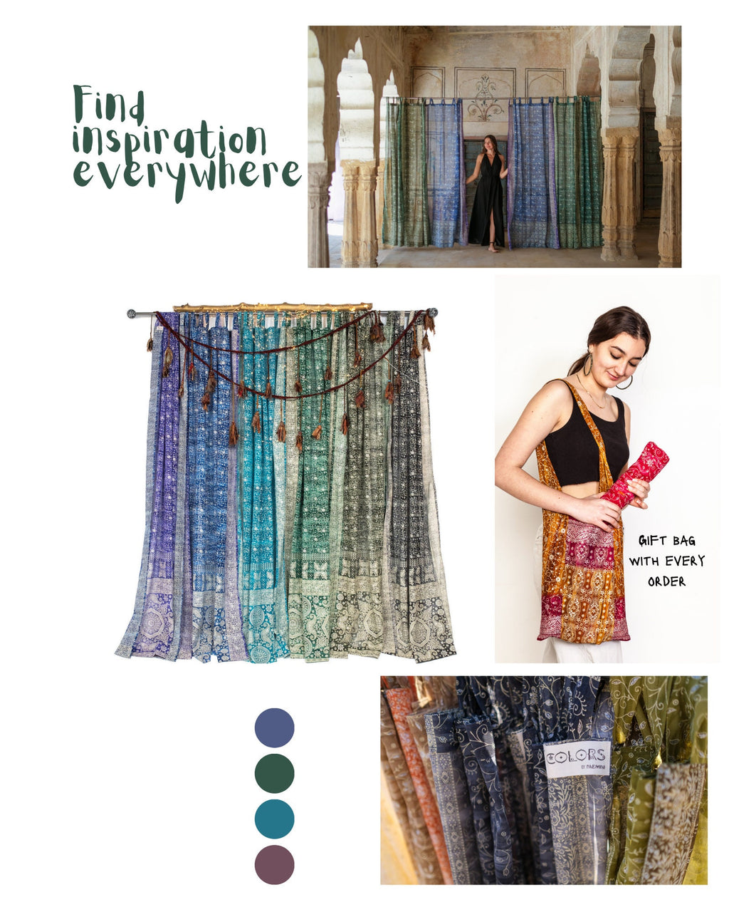Sari Curtains 84"/96"L Boho Curtain BoHoEARTH Light-Filtering Moss Pine Green drapes Bed Canopy backdrop Window Treatment Living/Bedroom