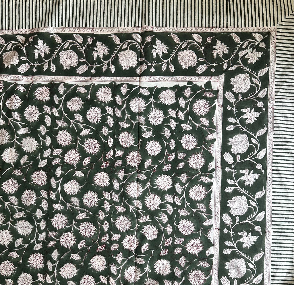 Decorative hand Block Print Tablecloth–Boho Cotton with Lush Fruit & Floral Motifs, Washable Cotton XL 120"L or 90x60w Dinner Holiday Table