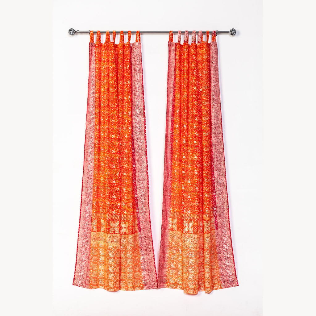 Boho Sari Curtains, Metallic Print Georgette, Light Filtering Light filtering Drapes - limited edition Orange/crimson