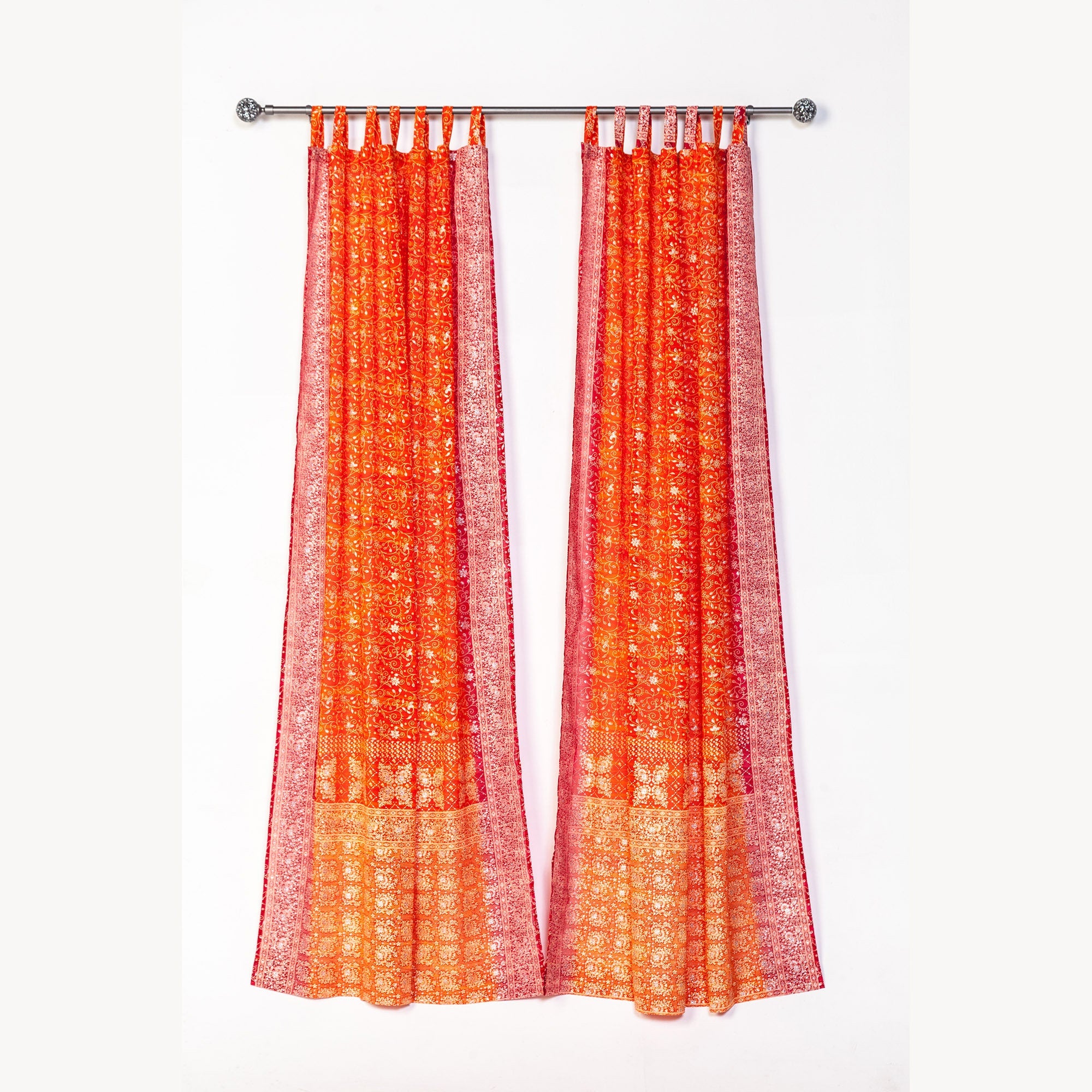 Boho Sari Curtains, Metallic Print Georgette, Light Filtering Light filtering Drapes - limited edition Orange/crimson