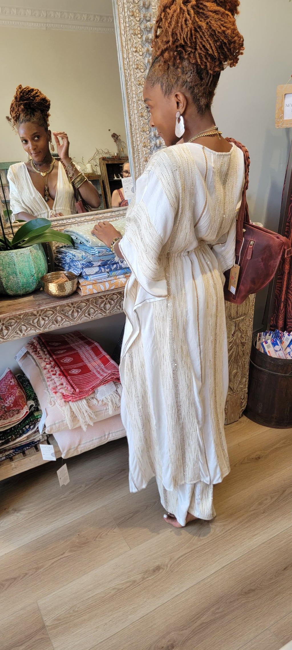 Boho Kaftan Drawstring Pants Set – Heirloom Weave, Soft Feminine Holiday Outfit Flowy Festival Style for Rosh Hashanah & Fall Gatherings