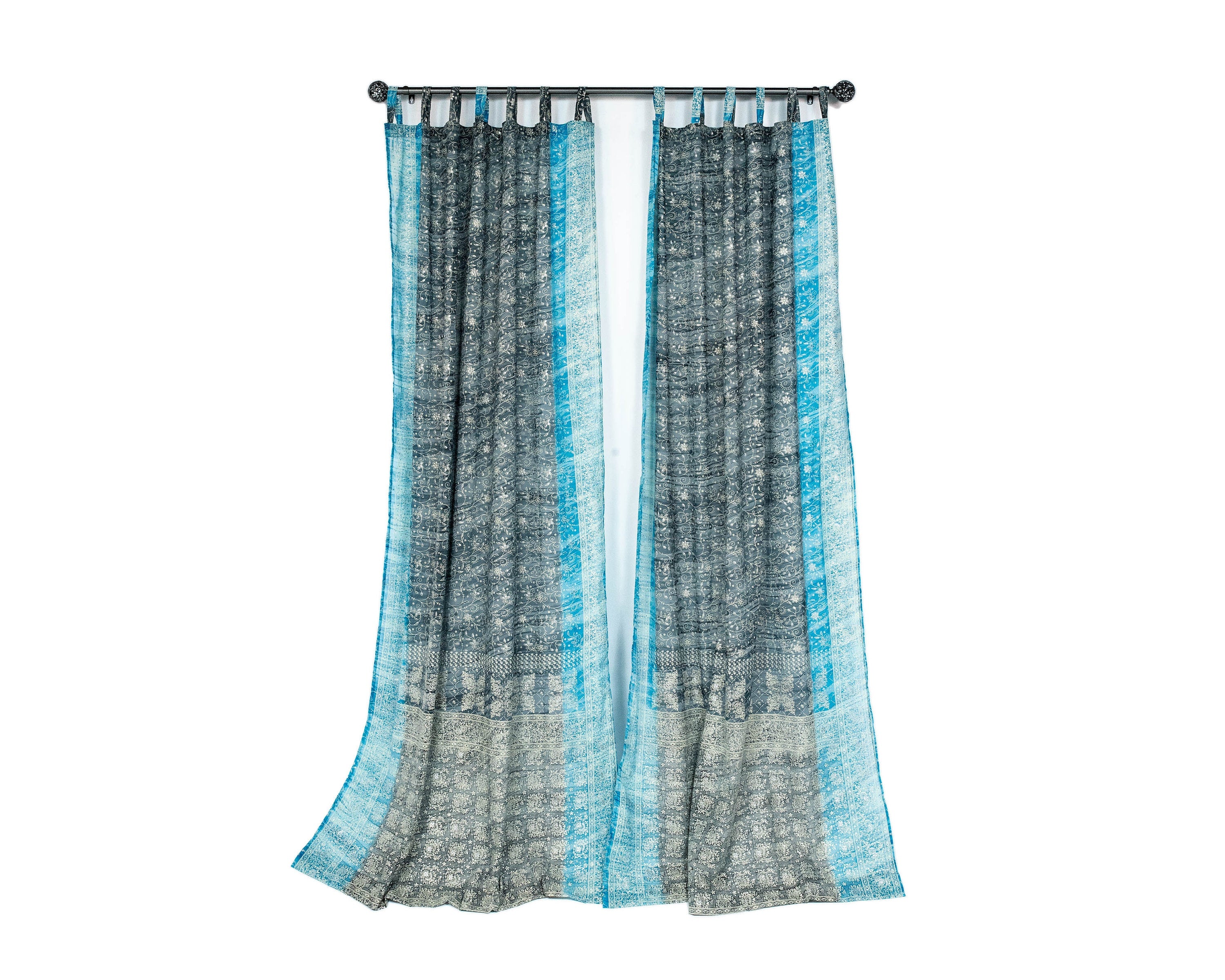 Sari Curtains Boho light filtering sheer drapes Gray silver Turquoise Slate cool Tones Window Treatment Sheer Drapes Bedroom Living Bedroom