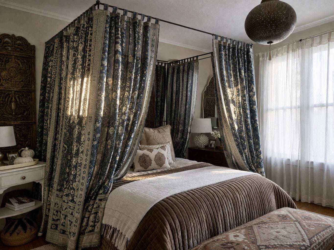 Sheer Canopy Drapes for Four Poster Bed - Luxury Sari Curtain Panels Set - Soft Light Filtering Bed Canopy - Black Sari