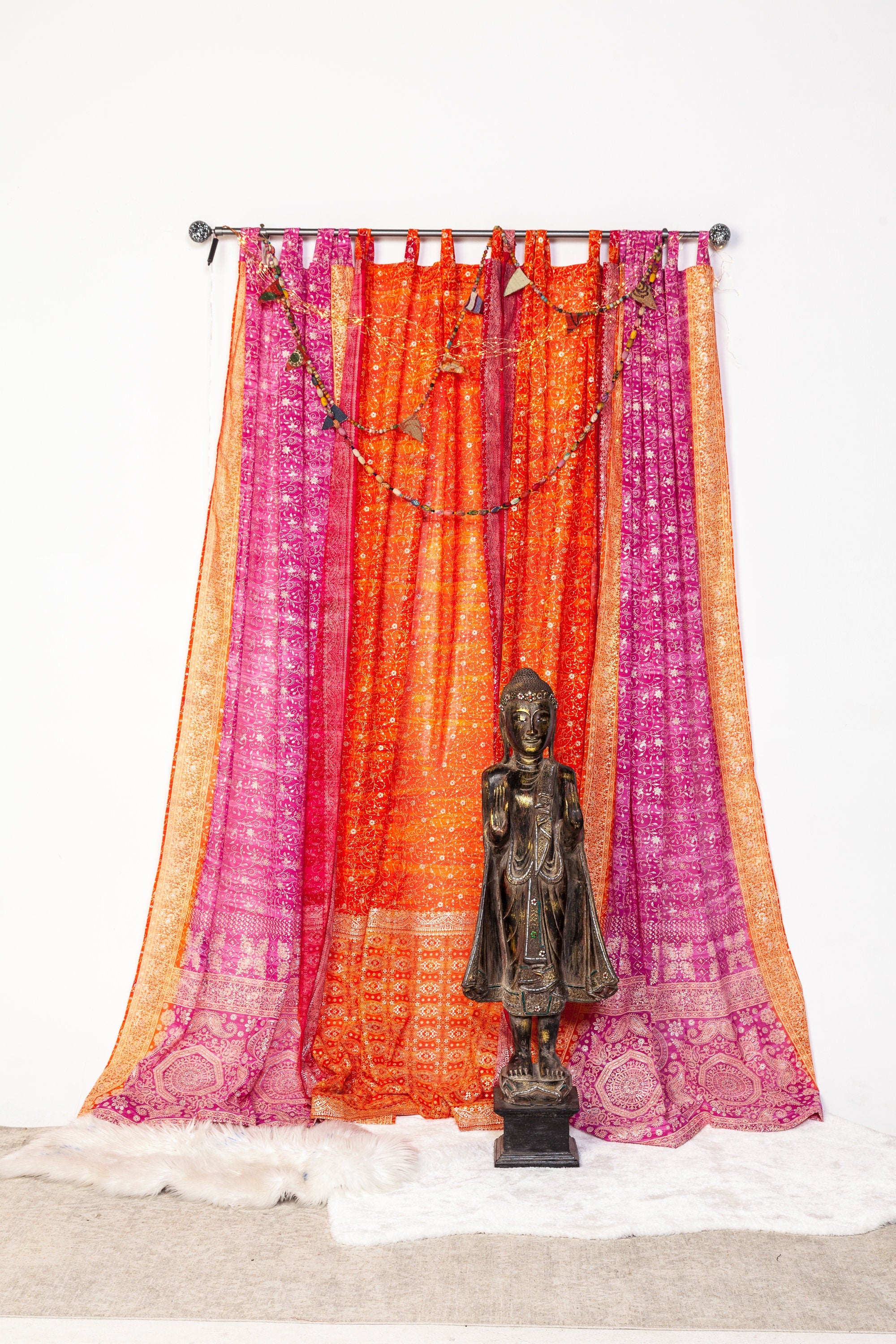 Boho Curtains Light-Filtering Sari Curtains 84"/96"L, Bed Canopy, Backdrop Fuschia Rust Window Treatment For Living/Bedroom Customizable