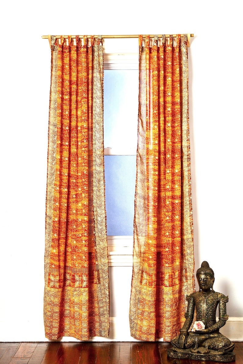 Sari Curtains Boho Earth Tones Light filtering curtains Window Treatment Sheer Drapes Bedroom Living Dining room Bed Canopy Tent Backdrop