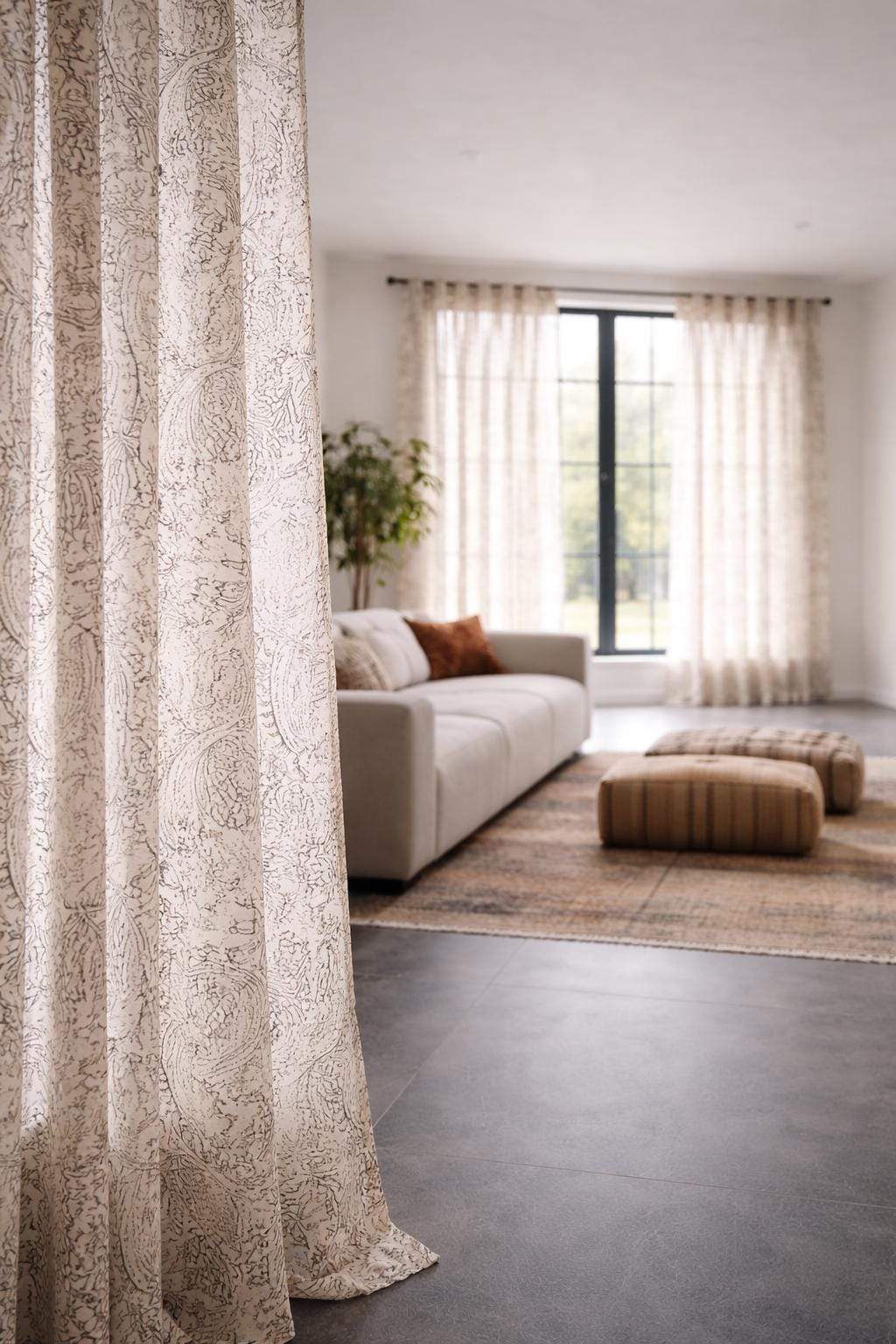 Extra Wide Boho Curtain Panel 52 Wide, Faded Black and Taupe white Rayon Curtain, Soft Light Window Treatment, Neutral Shabby Chic Decor