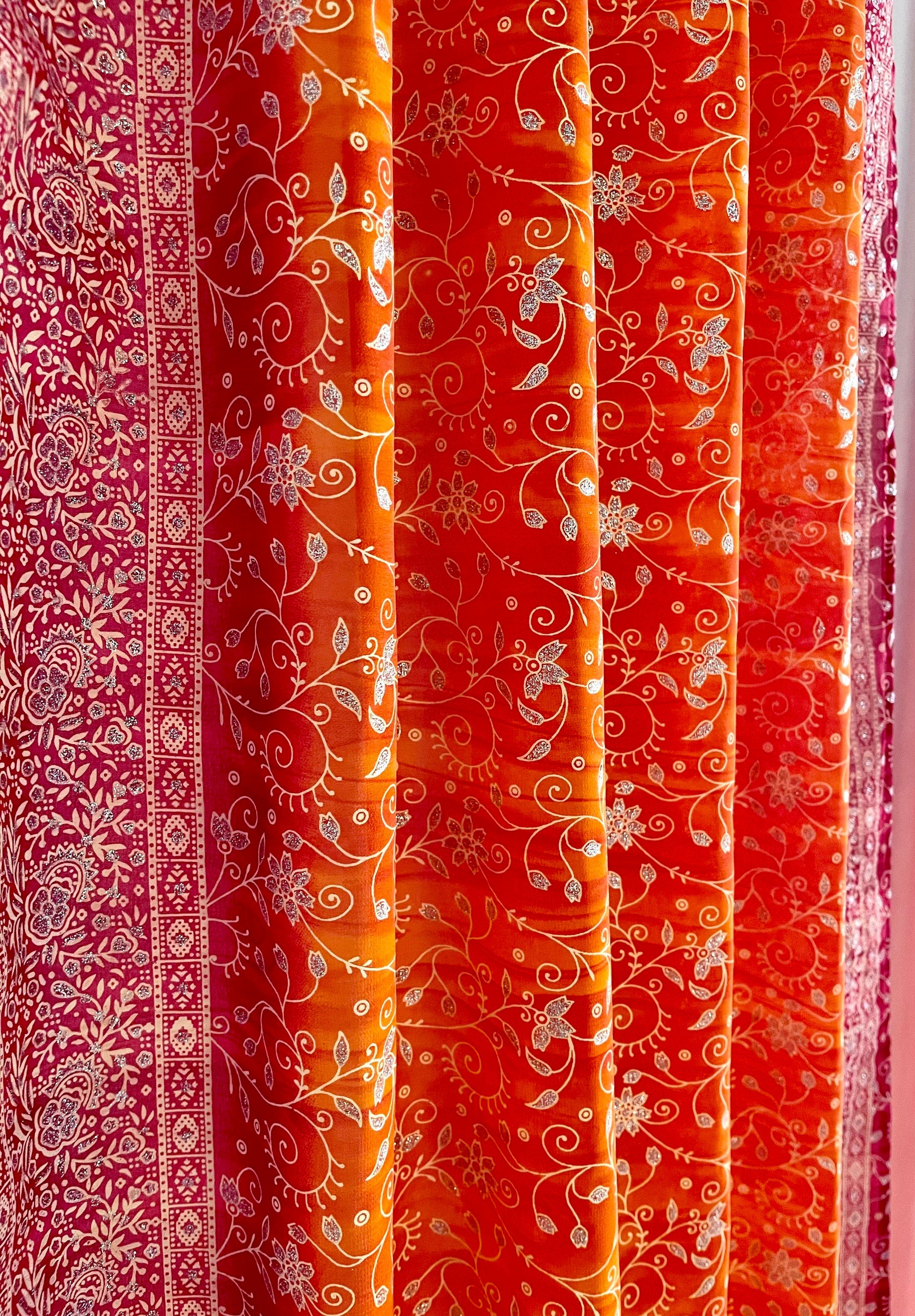 Boho Sari Curtains, Metallic Print Georgette, Light Filtering Light filtering Drapes - limited edition Orange/crimson