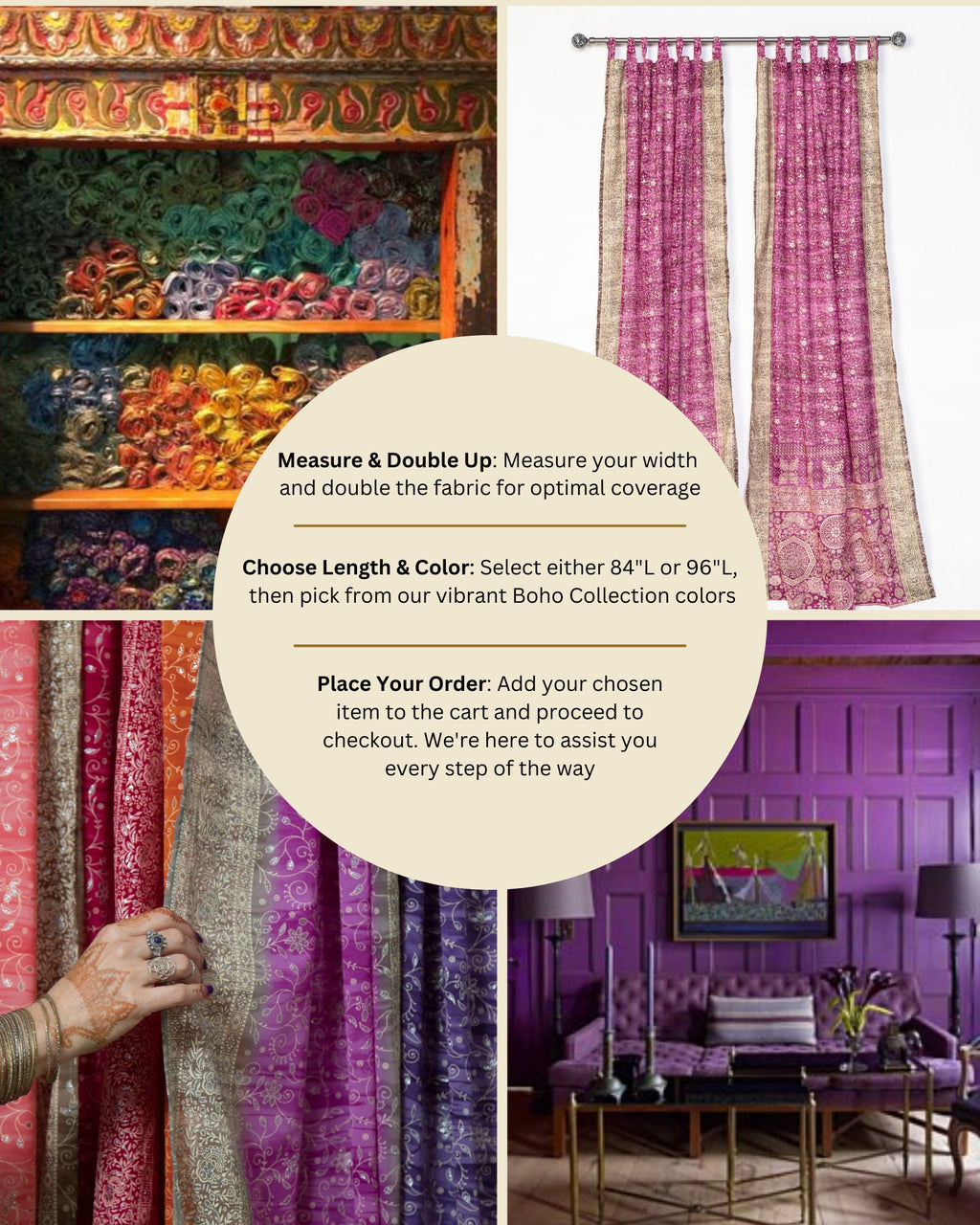 Boho Curtains Light-Filtering Sari Curtains 84"/96"L, Bed Canopy, Backdrop Fuschia Rust Window Treatment For Living/Bedroom Customizable