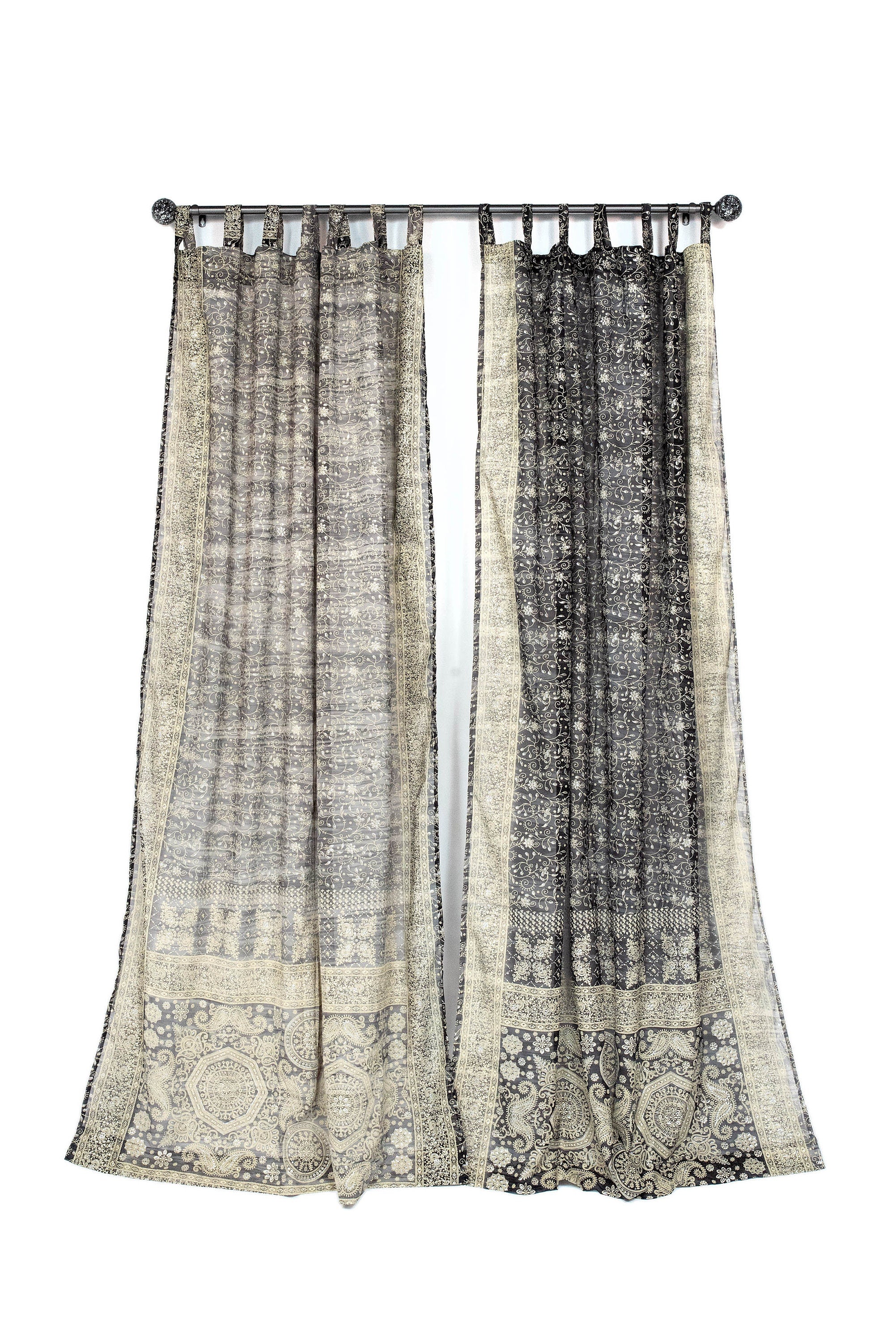 Black Boho Sheer Sari Curtains 84"/96"L Curtains BoHoEARTH Collection Light-Filtering Black backdrop Window Treatment For Living/Bedroom