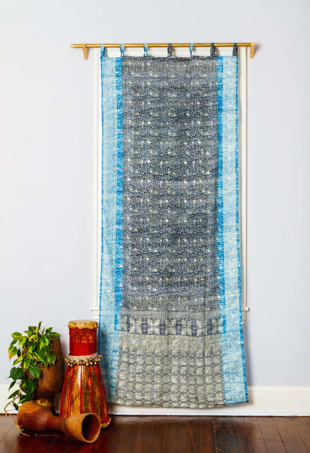 Sari Curtains Boho light filtering sheer drapes Gray silver Turquoise Slate cool Tones Window Treatment Sheer Drapes Bedroom Living Bedroom
