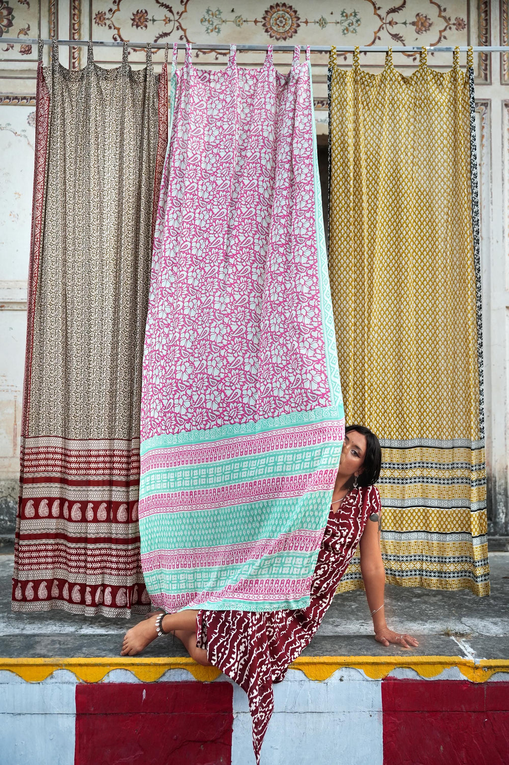 96" Block Print Rayon Curtains•Boho Tab Top Drapes with Border • Light Filtering Bohemian Style Curtain•Natural Cotton Style light Curtain