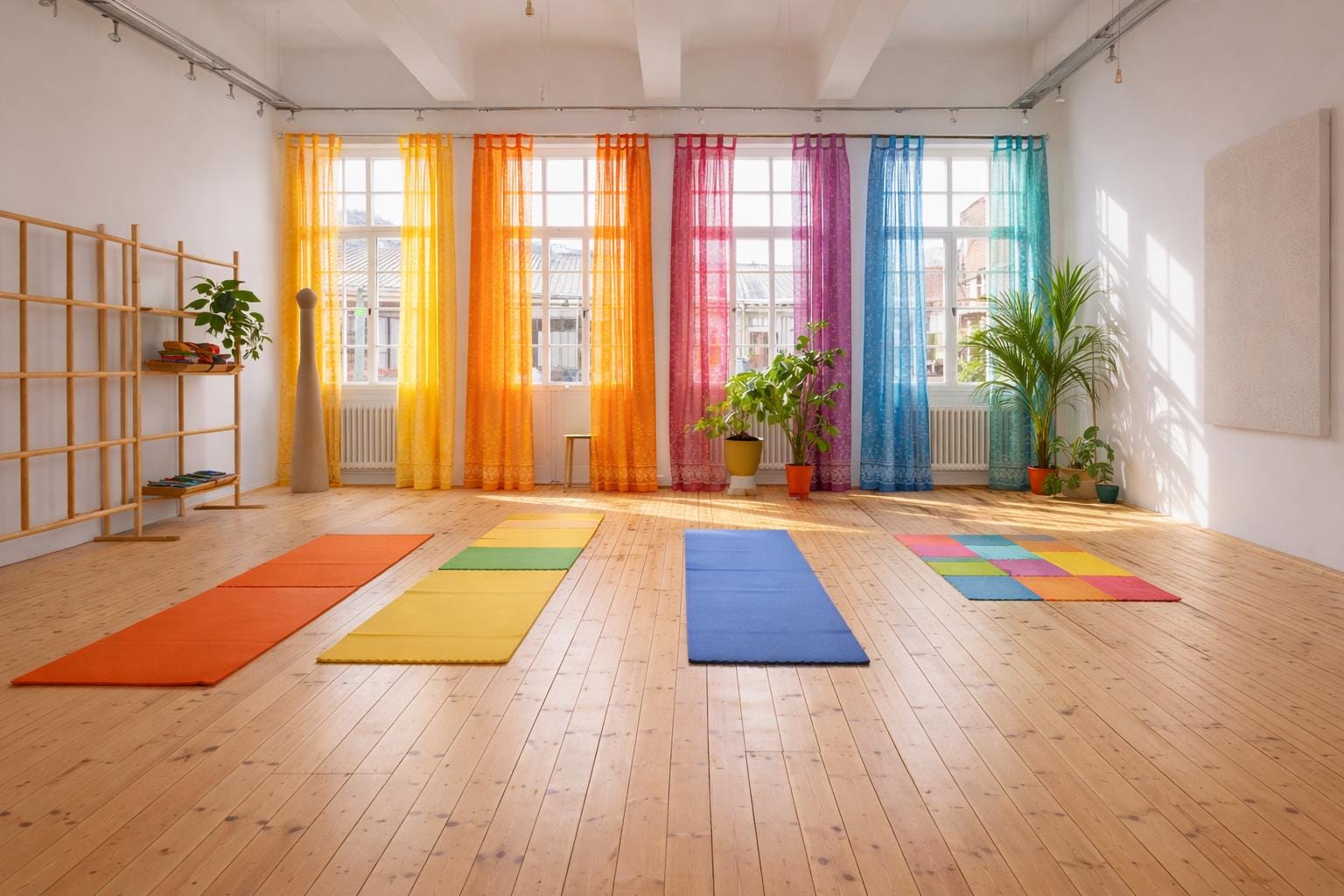 Colorful yoga studio with vibrant curtains, Light Filtering Panels, Sari Curtains, Sheer Boho Window Curtains, Chakra colors