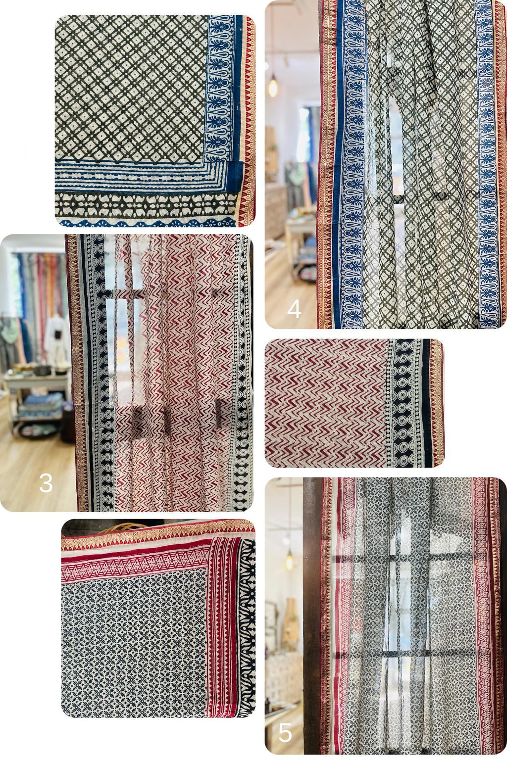 96" Block Print Cotton Curtains•Boho Tab Top Drapes with Border • Light Filtering Bohemian Style Curtain•Natural Cotton Style light Curtain