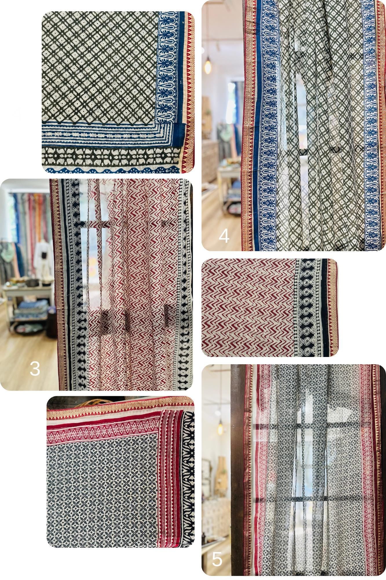 96" Block Print Cotton Curtains•Boho Tab Top Drapes with Border • Light Filtering Bohemian Style Curtain•Natural Cotton Style light Curtain