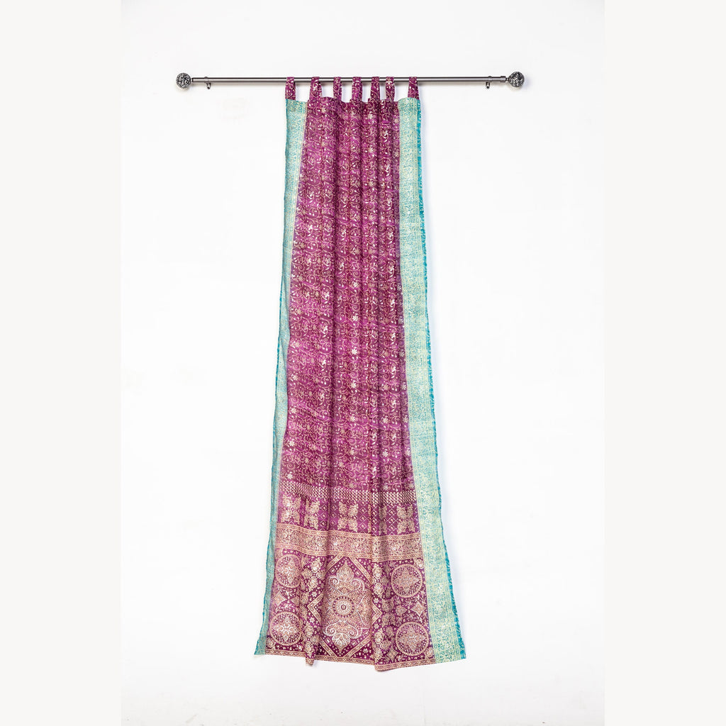 Sari Curtains, Magenta Aqua Light filtering , Block Print Boho Window Treatment