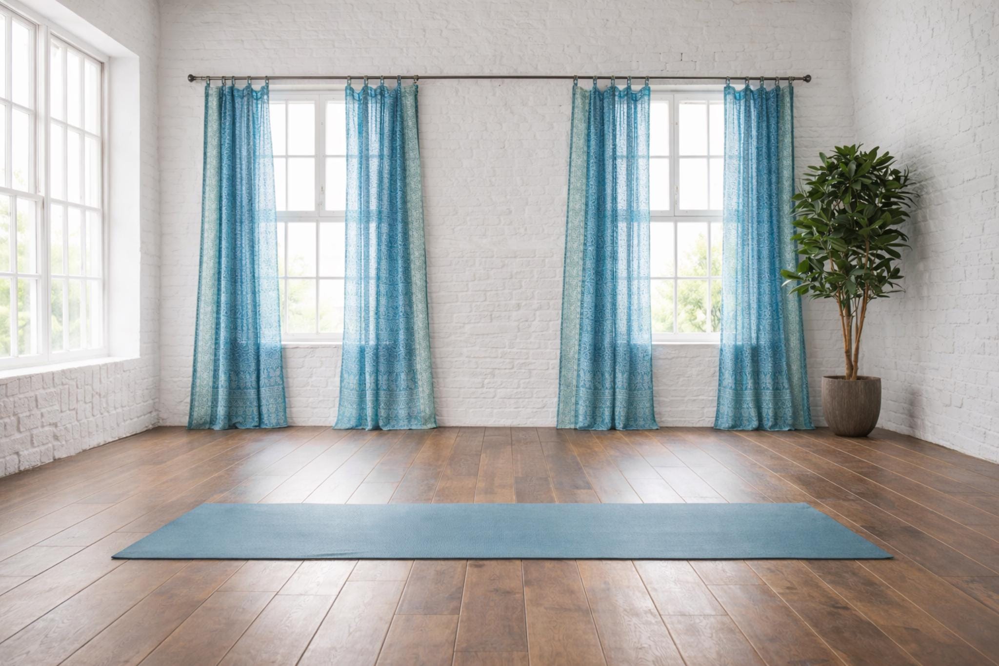 Yoga Studio Curtains Light Filtering Panels, Blue Boho Sari Curtains, Meditation Room Drapes, Sheer Window Curtains