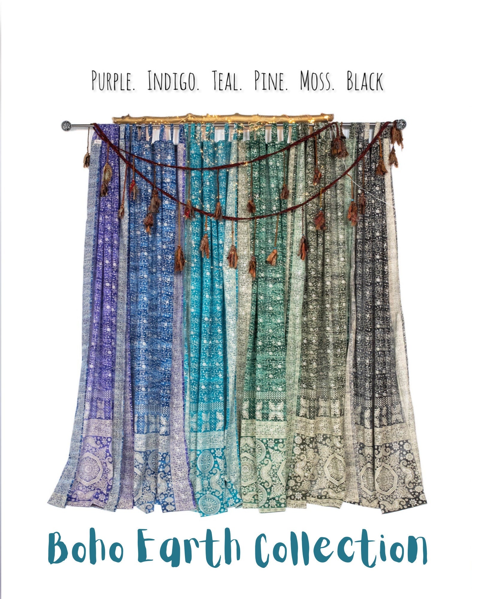 Green Pine Sari Curtain: Boho Light-Filtering Drapes with Block Print