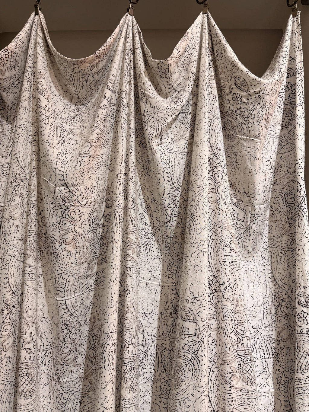 Extra Wide Boho Curtain Panel 52 Wide, Faded Black and Taupe white Rayon Curtain, Soft Light Window Treatment, Neutral Shabby Chic Decor