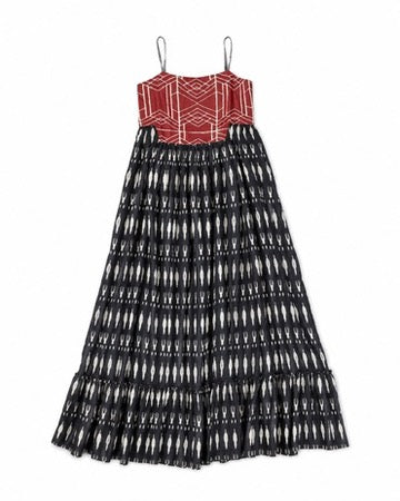 CLRS Woman - Black Ikat Patchwork Maxi Dress - Boho Tiered Sundress with Smocked Back
