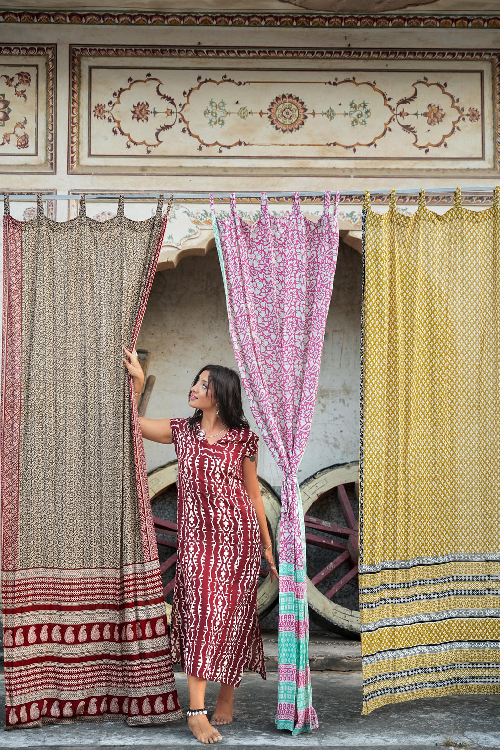 96" Block Print Rayon Curtains•Boho Tab Top Drapes with Border • Light Filtering Bohemian Style Curtain • Soft rayon Style light Curtain