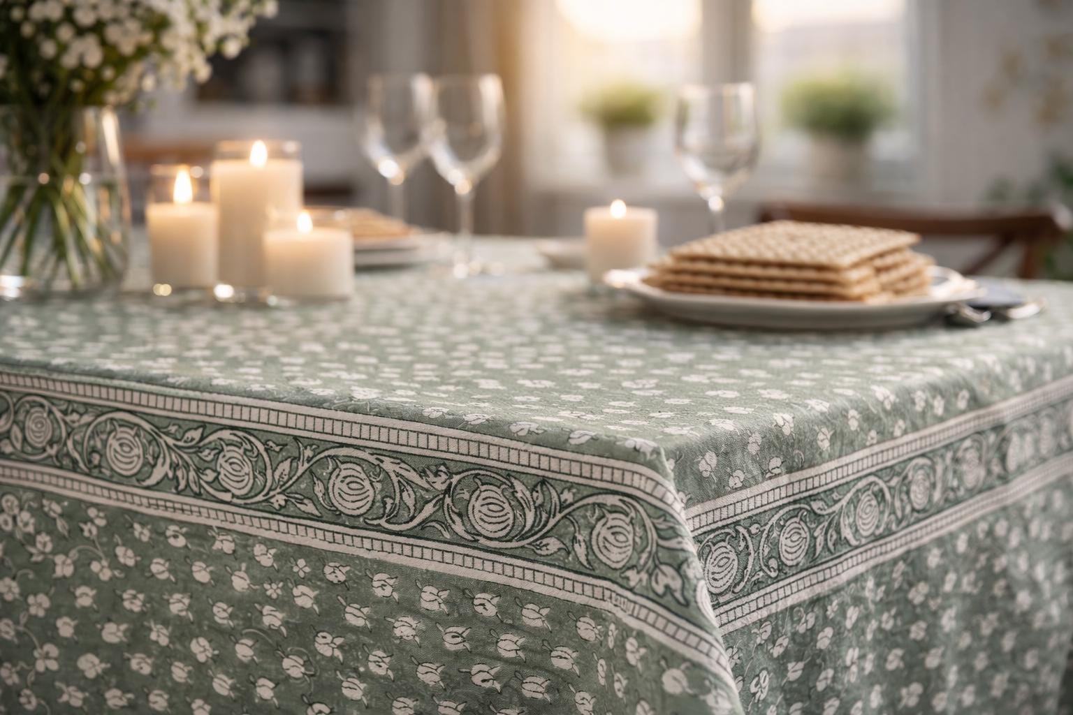 Tablecloth - Sage Lotus Design - Boho Blockprint- Handmade Cotton Table Cover - XL 120"
