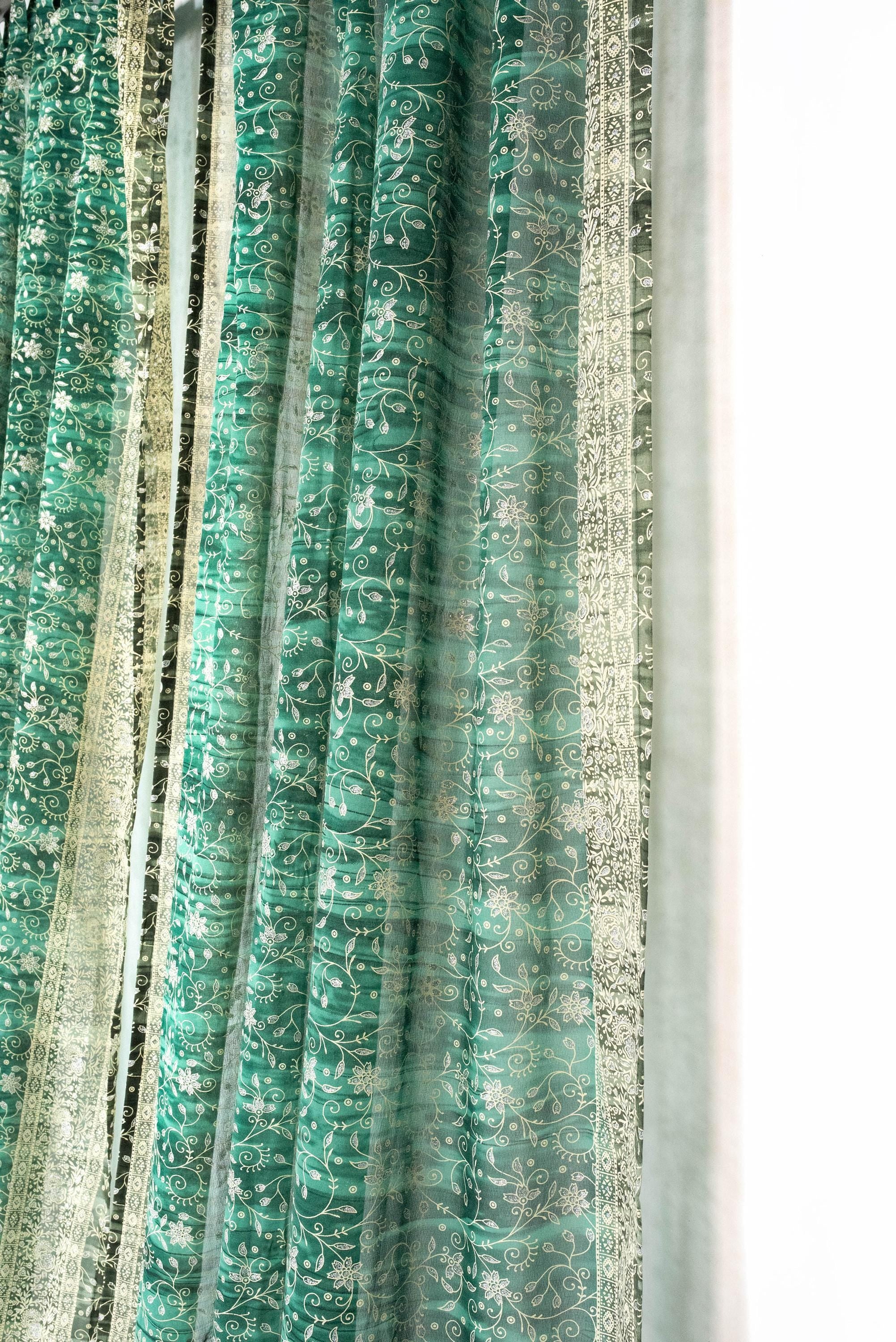 Green Pine Sari Curtain: Boho Light-Filtering Drapes with Block Print