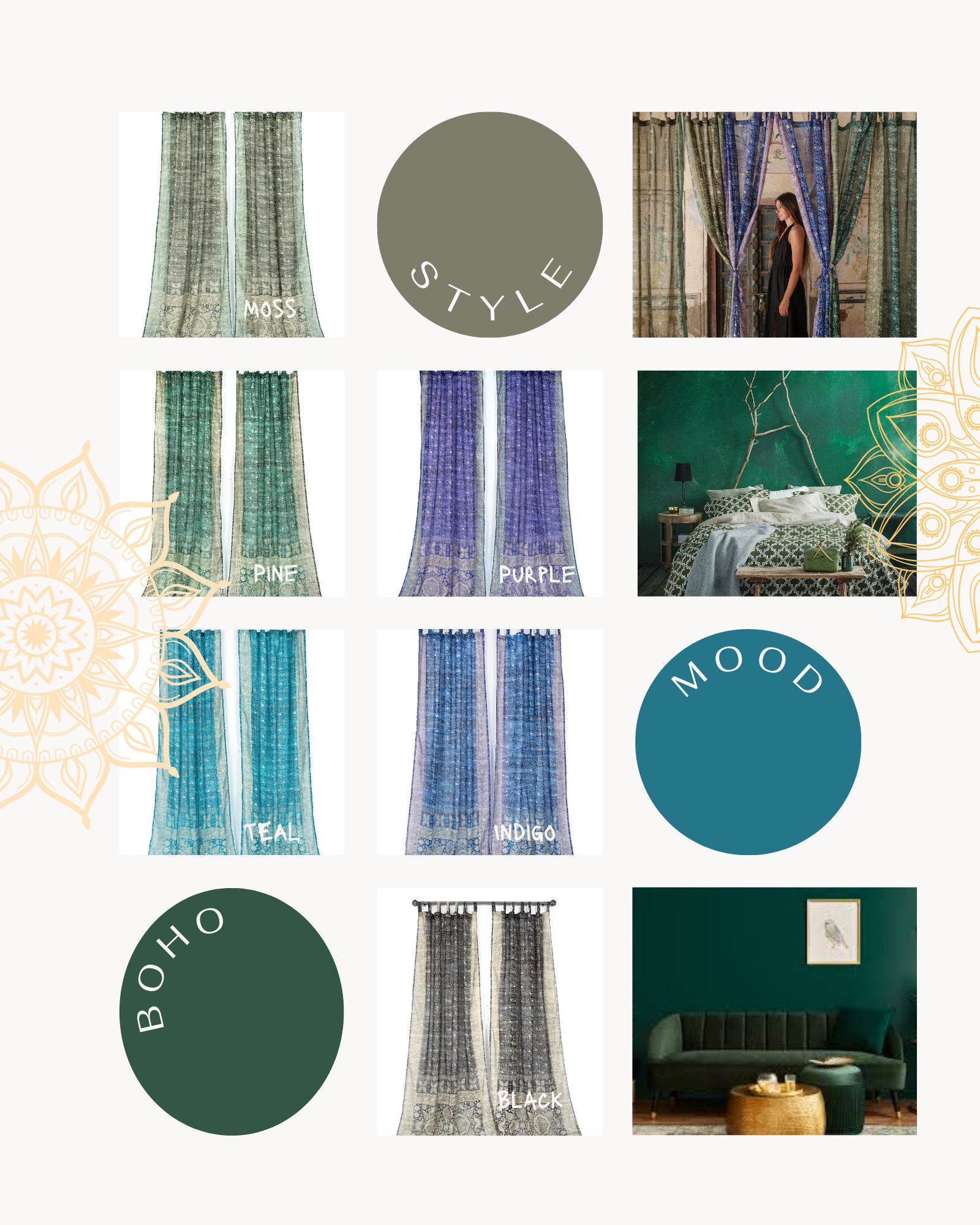 Mixing colors in one space, Pine Green and Teal Sari Lined panels, Curtains Light-Filtering, Boho Window Treatment