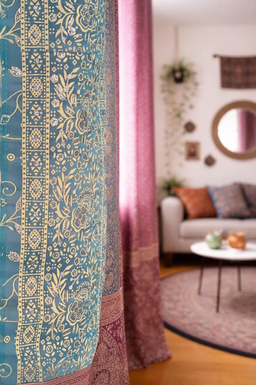 Sari Curtains, Magenta Aqua Light filtering , Block Print Boho Window Treatment