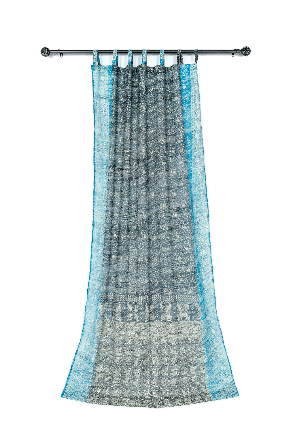 Sari Curtains Boho light filtering sheer drapes Gray silver Turquoise Slate cool Tones Window Treatment Sheer Drapes Bedroom Living Bedroom
