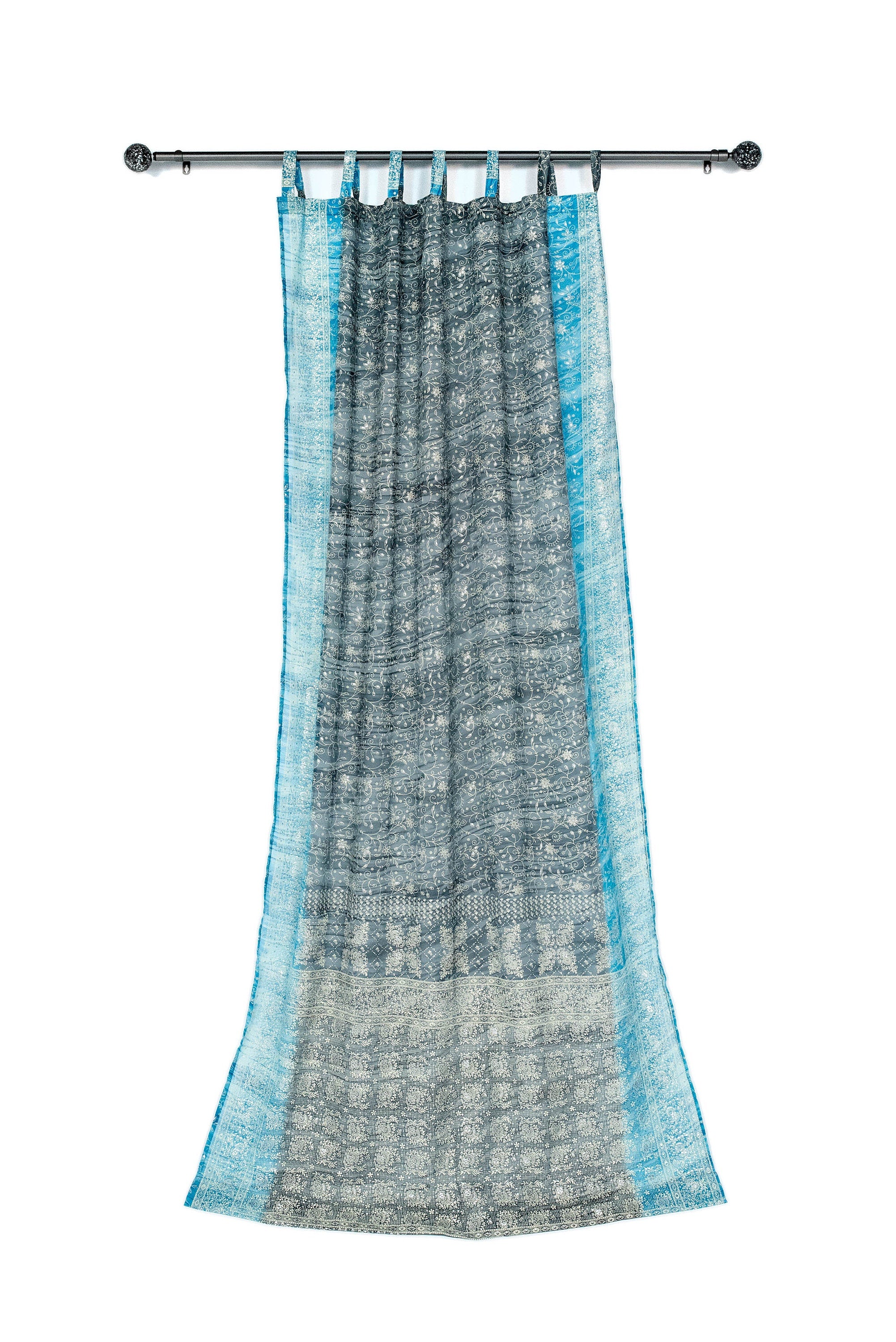 Sari Curtains Boho light filtering sheer drapes Gray silver Turquoise Slate cool Tones Window Treatment Sheer Drapes Bedroom Living Bedroom