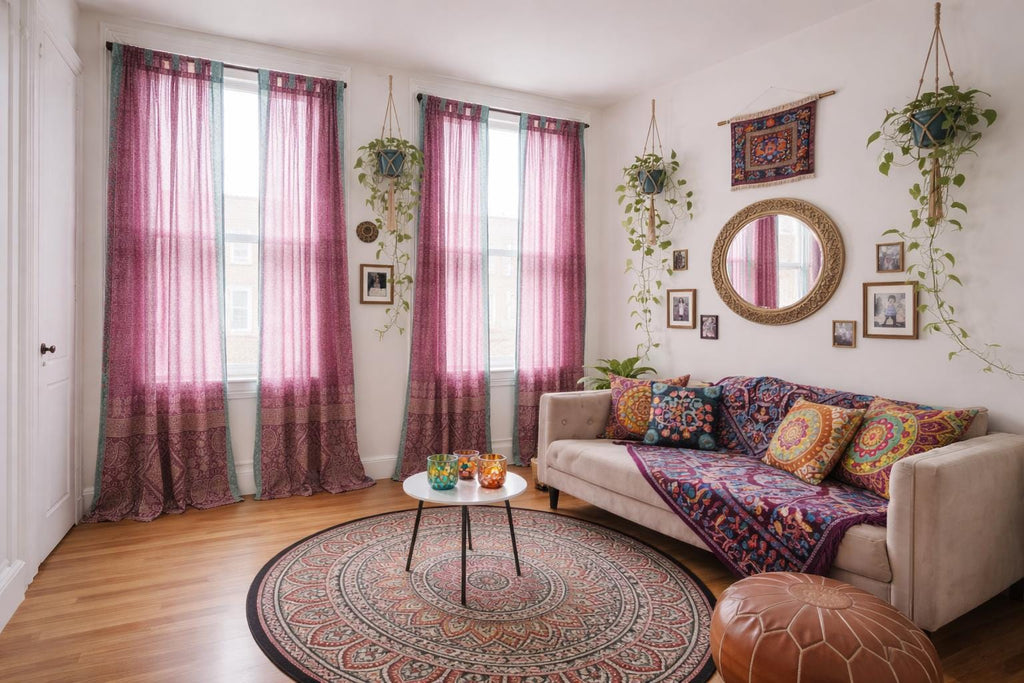 Boho Sari Curtains - Magenta Aqua Window Panels - Light Filtering Sheer Drapes - Colorful Bohemian Living Room Decor