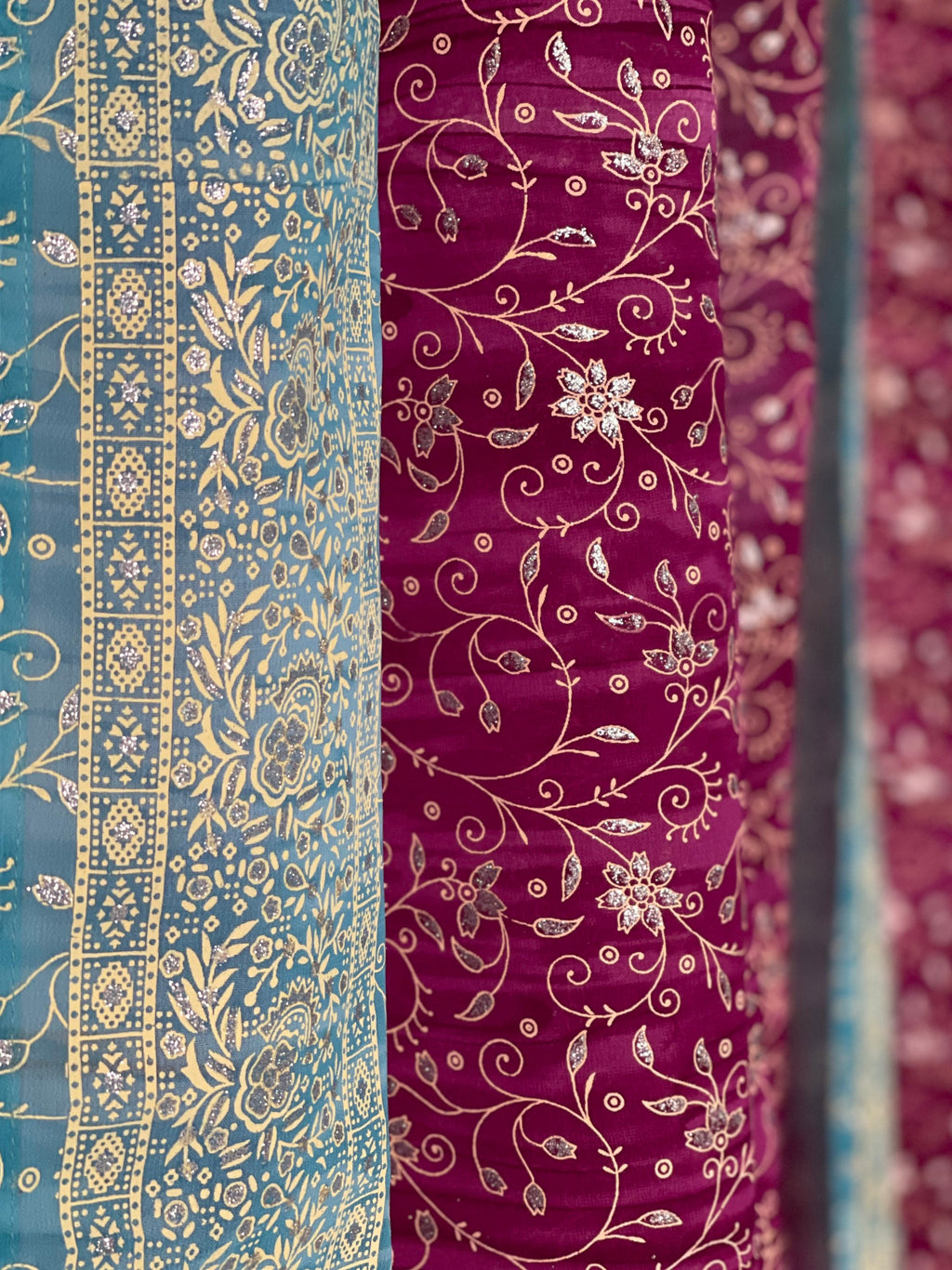 Sari Curtains, Magenta Aqua Light filtering , Block Print Boho Window Treatment