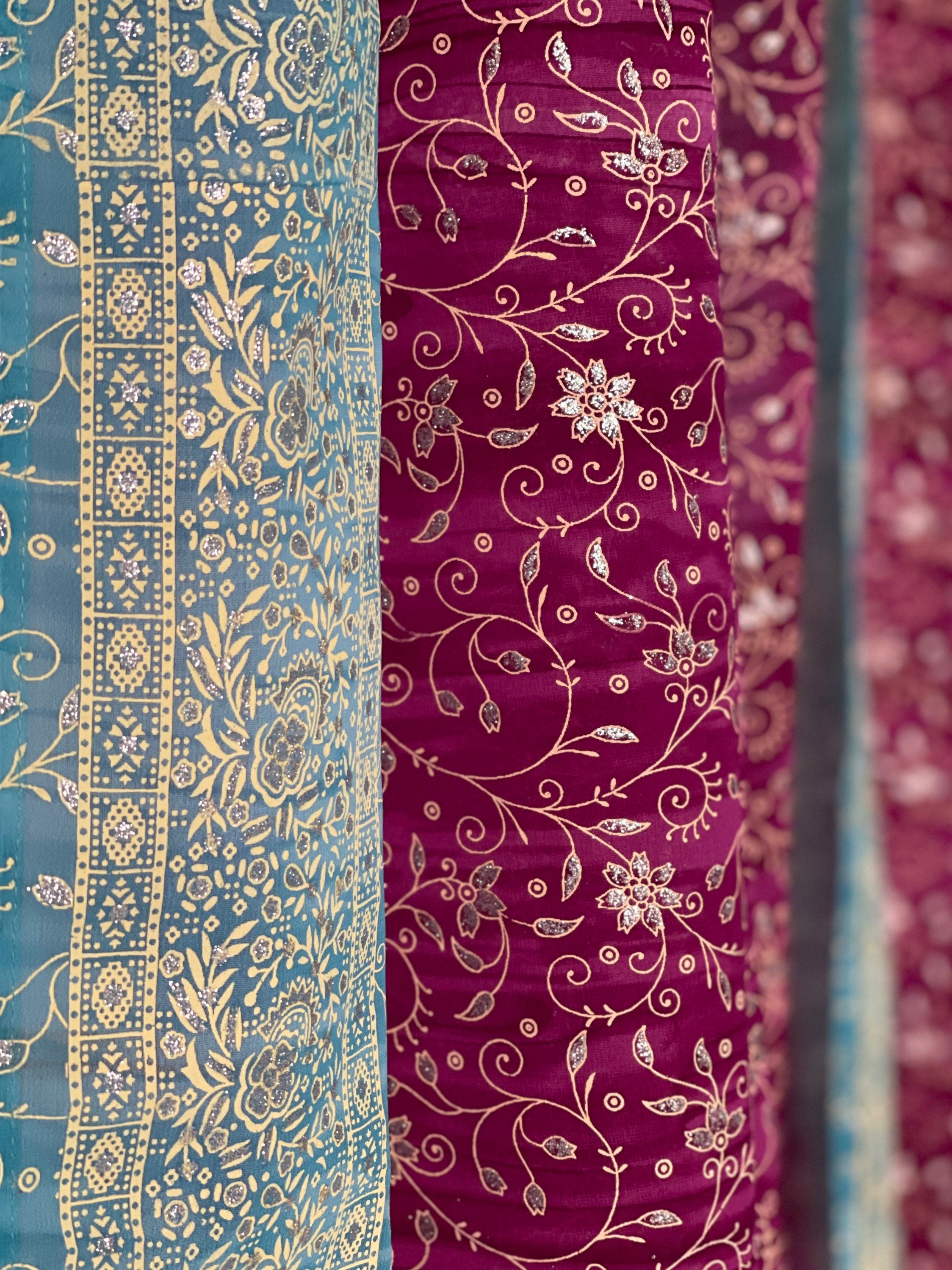 Sari Curtains, Magenta Aqua Light filtering , Block Print Boho Window Treatment