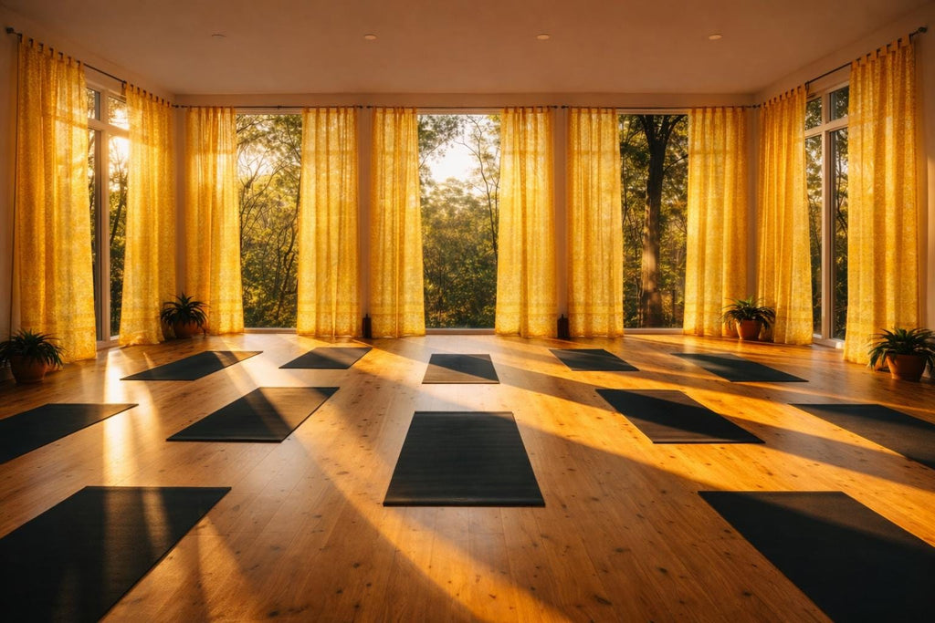 Golden light in serene yoga studio, Light Filtering Panels, Yellow  Sari Curtains, Meditation Room Drapes, Sheer Boho Window Curtains