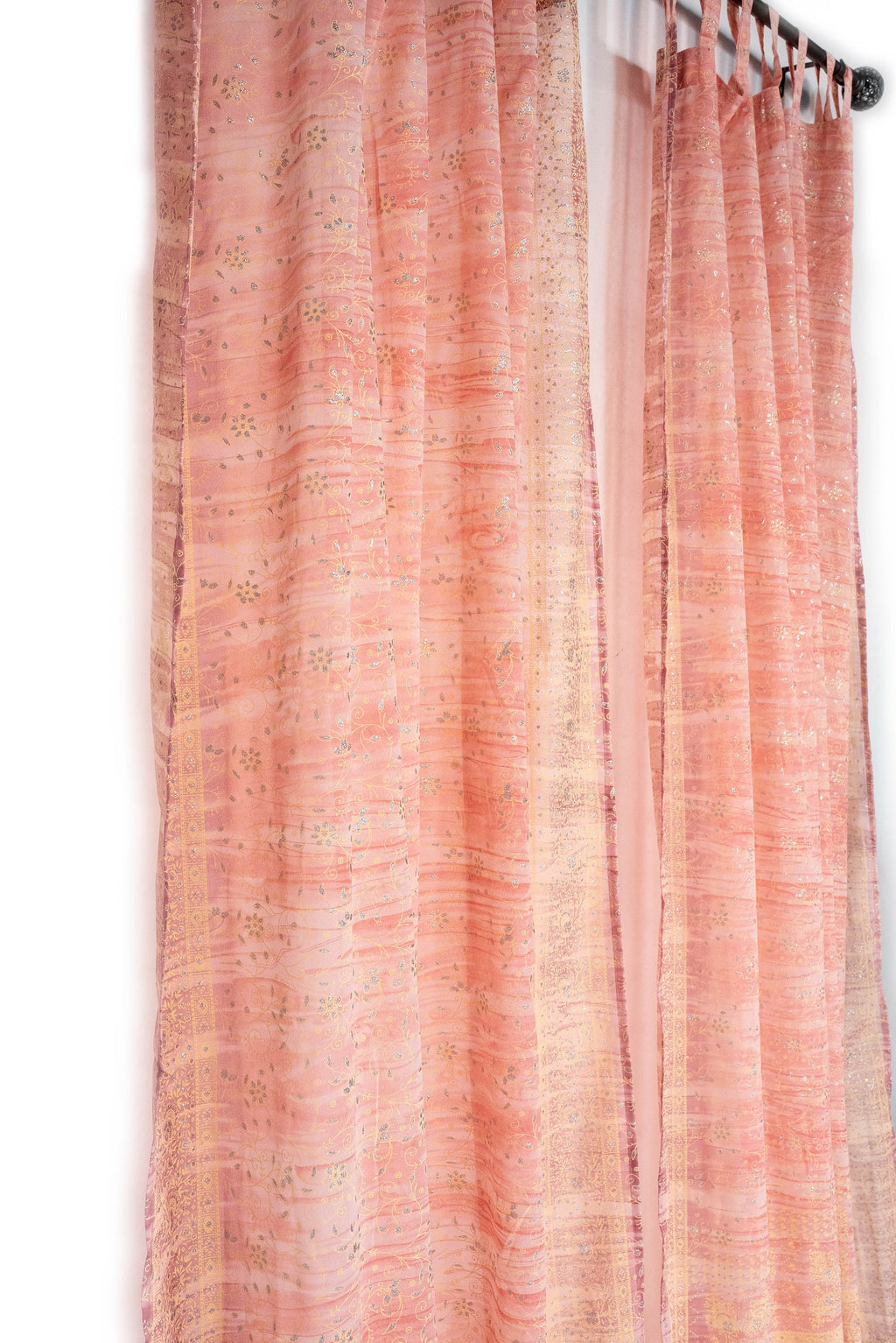 Block Print Sari Curtains, Dusty Rose Sheer Georgette, Boho Window Treatment