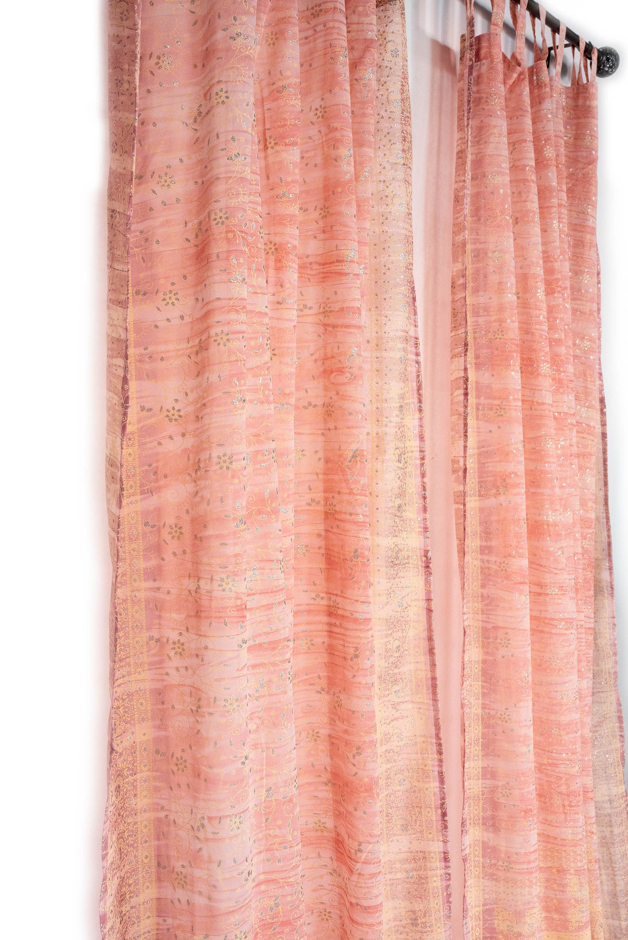 Block Print Sari Curtains, Dusty Rose Sheer Georgette, Boho Window Treatment