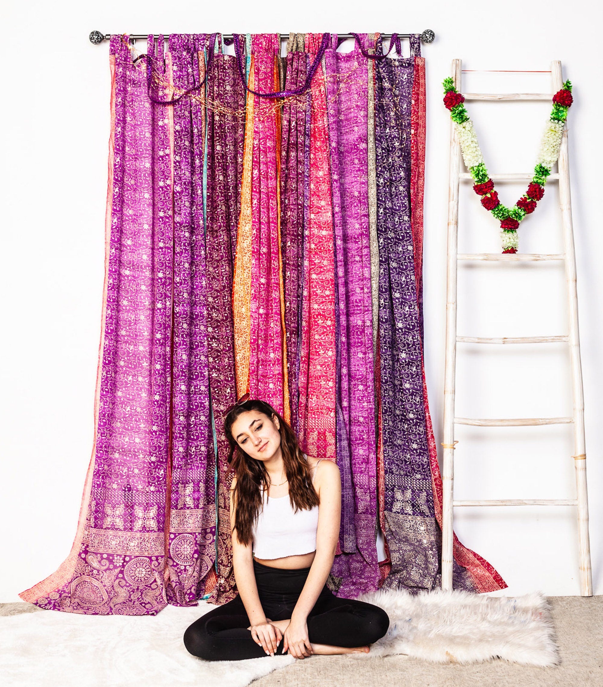 Block Printed Sari Curtains, Boho Window Treatment, LightFiltering Purple Berry 96"/108"L