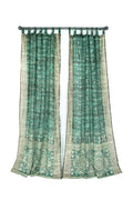 Green Pine Sari Curtain: Boho Light-Filtering Drapes with Block Print